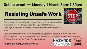 An advert for an online event on 1 March 2021: Resisting Unsafe Work