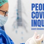 A graphic advertising the People's Covid Inquiry, featuring a picture of a nurse wearing scrubs and protective equipment