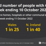 Graphic stating “Estimated number of people with COVID-19 in the week ending 10 October 2022 not living in care homes, hospitals or other communal establishments (Wales in the week ending 11 October 2022). England: 1 in 30. Wales: 1 in 25. Northern Ireland: 1 in 40. Scotland: 1 in 35.
