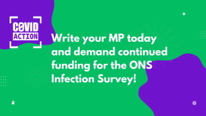 A banner image for this letter - purple and green splash colours, and text that reads "Write your MP today and demand continued funding for the ONS Infection Survey!"