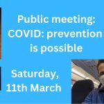 A banner for Zero Covid Scotland's public meeting, featuring mitigation measures (corsi-rosenthal box, masking) over a blue background. More details in the post below.