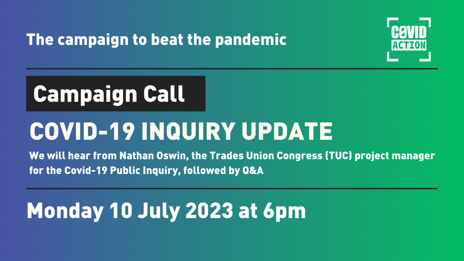 A banner for the event described in the post below, over a purple to green gradient.