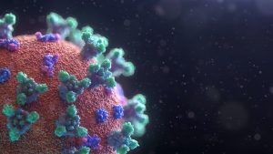 A high resolution visualisation of a COVID-19 virus.